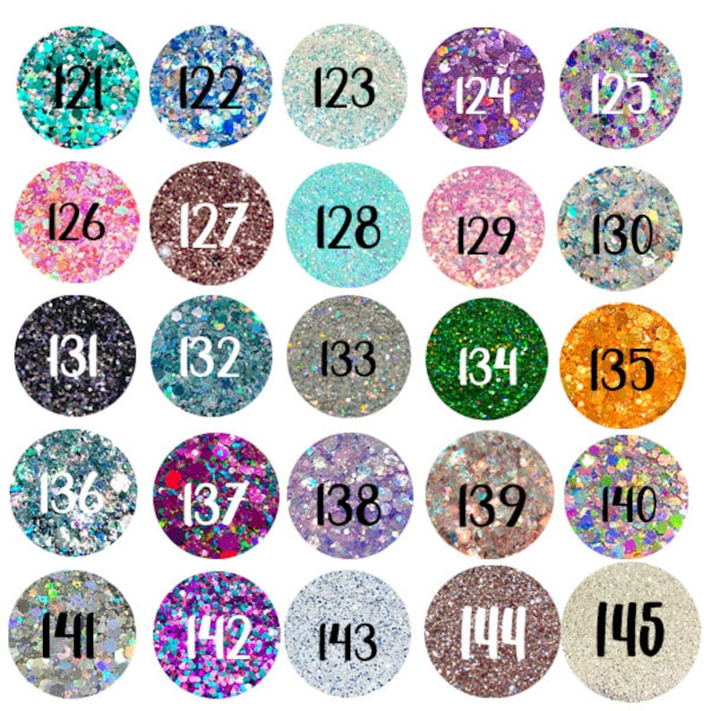 May include: A grid of twenty-five circular swatches displaying various glitter textures and colors, each labeled with a black number from 121 to 145. The collection includes shades of teal, blue, silver, purple, pink, copper, green, orange, and gold.