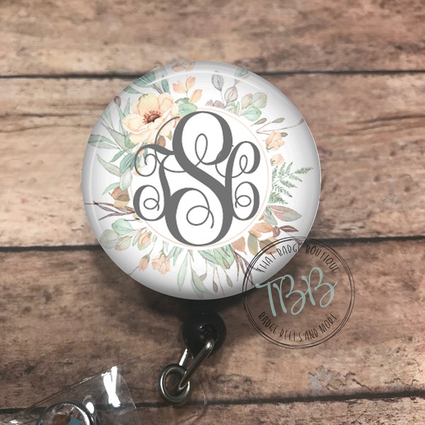 Personalized monogram peach floral - badge reel - lanyard - stethoscope ID tag - retractable badge reel - badge clip - badge holder