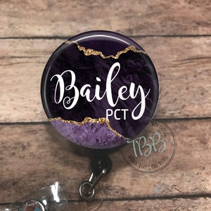 Personalized purple and gold marble retractable badge reel - badge reel - badge clip - lanyard - stethoscope ID tag - carabiner - magnet