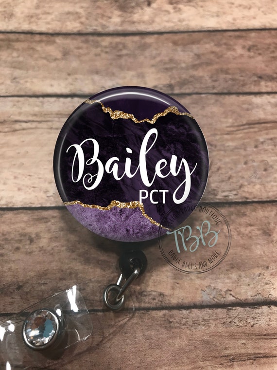 Personalized Purple and Gold Marble Retractable Badge Reel Badge Reel Badge  Clip Lanyard Stethoscope ID Tag Carabiner Magnet 
