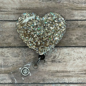 Glitter hearts - retractable badge reel - badge reel - badge clip - lanyard - stethoscope ID tag - carabiner - magnet back