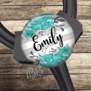 Personalized teal flowers yoke ID tag - stethoscope tag - badge reel