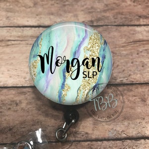 Personalized teal marble - badge reel - lanyard - stethoscope ID tag - retractable badge reel - badge clip - badge holder