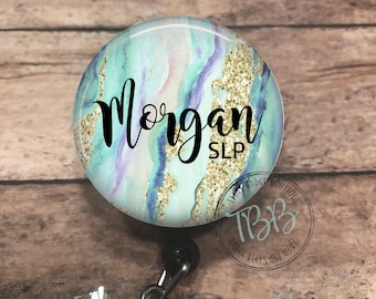 Personalized teal marble - badge reel - lanyard - stethoscope ID tag - retractable badge reel - badge clip - badge holder