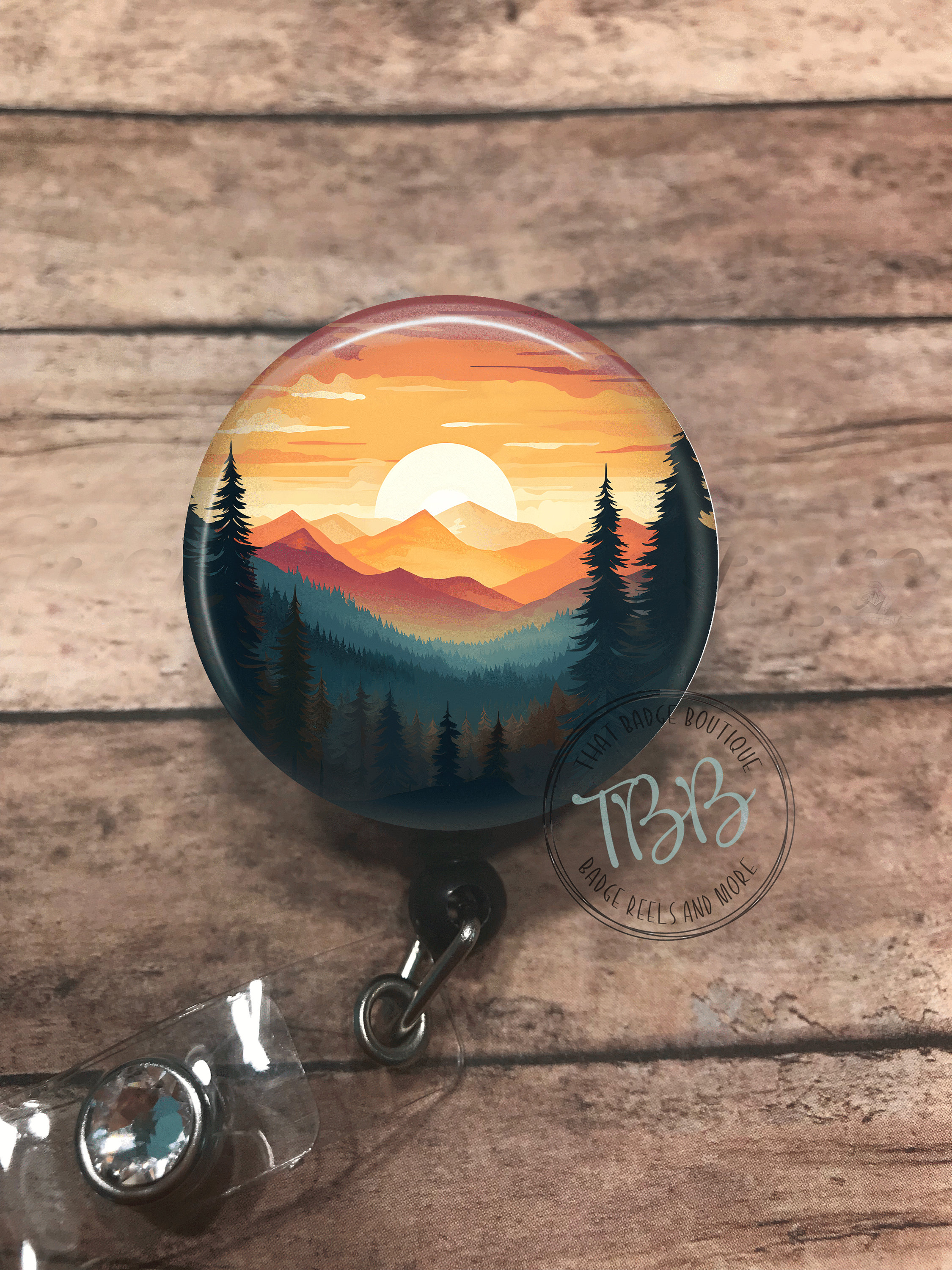 Sunset Mountain landscape - retractable badge reel - badge reel - stethoscope ID tag - carabiner - magnet back - name badge reel