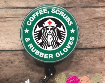 Coffee scrubs and rubber gloves - badge reel - retractable badge holder - badge clip - ID card holder - badge holder