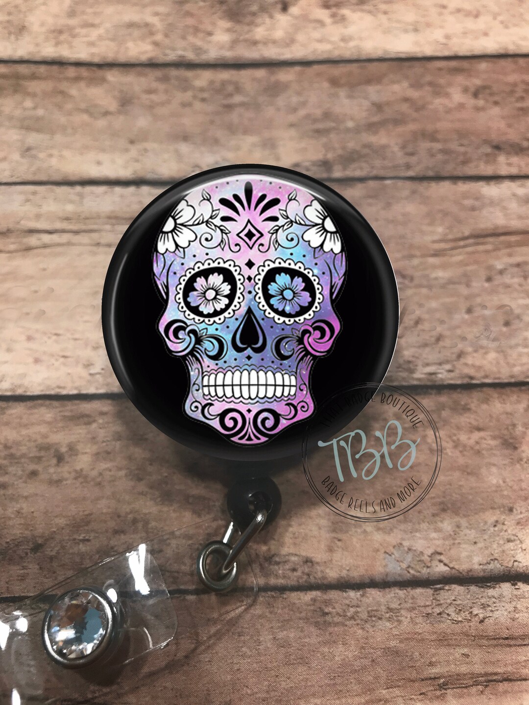 Sugar Skull Badge Reel Lanyard Stethoscope ID Tag Retractable Badge Reel Badge Clip Badge Holder