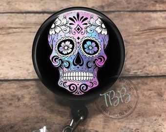 Sugar skull - badge reel - lanyard - stethoscope ID tag - retractable badge reel - badge clip - badge holder