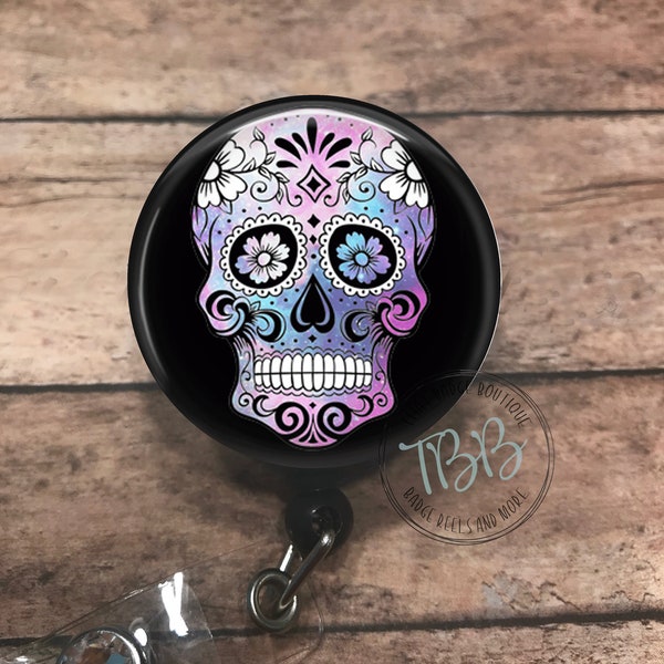Sugar skull - badge reel - lanyard - stethoscope ID tag - retractable badge reel - badge clip - badge holder