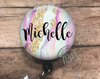 Personalized pink marble - badge reel - lanyard - stethoscope ID tag - retractable badge reel - badge clip - badge holder