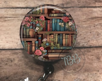 Floral bookshelves retractable badge reel - badge reel - badge clip - badge holder - name badge reel - book lover - name badge