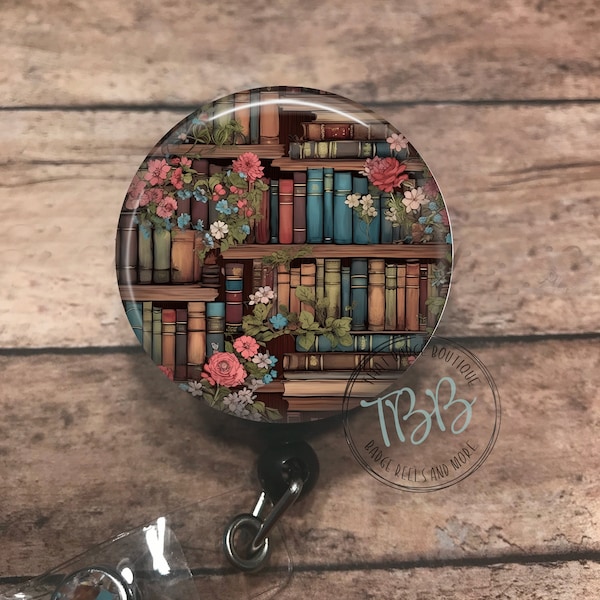 Floral bookshelves retractable badge reel - badge reel - badge clip - badge holder - name badge reel - book lover - name badge