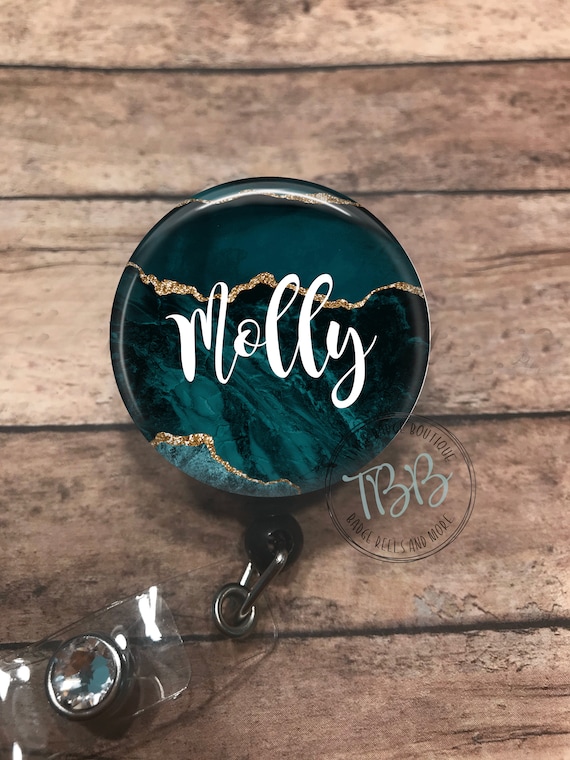 Personalized Blue/green and Gold Marble Retractable Badge Reel Badge Clip  Lanyard Stethoscope ID Tag Badge Holder 