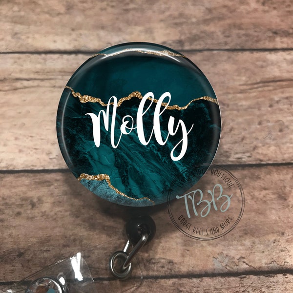 Personalized blue/green and gold marble - retractable badge reel - badge clip - lanyard - stethoscope ID tag - badge holder