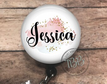 Watercolor personalized - badge reel - lanyard - stethoscope ID tag - retractable badge reel - badge clip