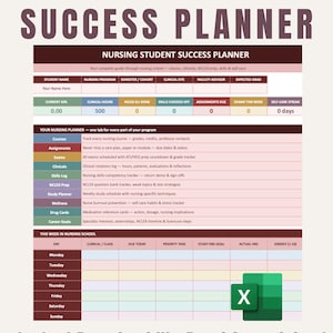 May include: A Nursing Student Success Planner Excel spreadsheet featuring a multi-colored dashboard with sections for student information, clinical hours, NCLEX prep, and weekly schedules. The layout includes tables for tracking courses, assignments, exams, and daily tasks.
