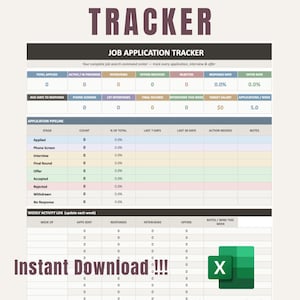 May include: A digital job application tracker spreadsheet featuring a dashboard with metrics for total applied, interviews, and offers. The layout includes an application pipeline table, a weekly activity log, and instructions for use, marked with an Excel icon.