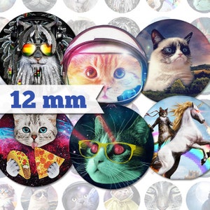 May include: Twelve 12 mm round stickers featuring funny cat images. The stickers feature cats wearing sunglasses, in space, eating pizza, riding a unicorn, and more.