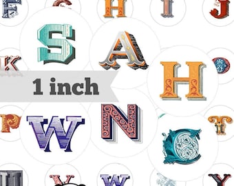 Vintage Capital Letters BCI. Bottle cap images. Printable 1 inch Round Circles. 25mm cabochon. Glass Pendant images. Digital collage sheet.