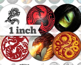 Dragons - 1 inch (25mm) - Printable Circles INSTANT DIGITAL DOWNLOAD for Pendants, Jewelry, Stickers, Bottle Caps, Magnets, Buttons