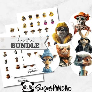 May include: A set of 30 1-inch round stickers featuring various animals wearing sunglasses and hats. The animals include a giraffe, a cat, a bunny, an ostrich, a dog, and a leopard. The stickers are perfect for adding a touch of whimsy to your crafts, gifts, or home decor.