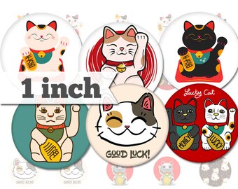 Lucky Cat - Maneki-neko - 1 inch (25mm) - Printable Circles INSTANT DIGITAL DOWNLOAD for Cabochon, Stickers, Buttons. SugarPandaCo - a086