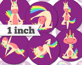 Unicorn Yoga - 1 inch (25mm) - Printable Circles INSTANT DIGITAL DOWNLOAD for Pendants, Jewelry, Pins, Bottle Caps, Magnets, Buttons - a042