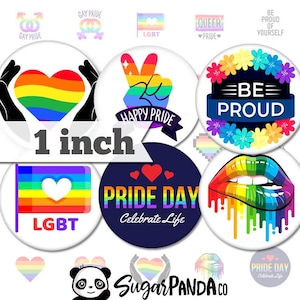 May include: A selection of Pride-themed badges, each 2.5 cm in diameter. Designs include rainbow hearts, peace signs, flags, and lips, with text such as "Happy Pride," "Be Proud," and "Pride Day." The badges are colourful and celebrate LGBTQ+ pride.