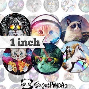 May include: Set of 12 1-inch round stickers featuring various cat designs. The stickers feature cats in space, wearing sunglasses, riding unicorns, and more. The stickers are perfect for adding a touch of whimsy to laptops, water bottles, and other surfaces.