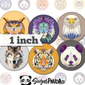 May include: Set of 12 1-inch round stickers featuring geometric animal designs. The animals include a wolf, tiger, lion, panda, owl, eagle, and more. The stickers are perfect for adding a touch of whimsy to your crafts, laptops, water bottles, and more.