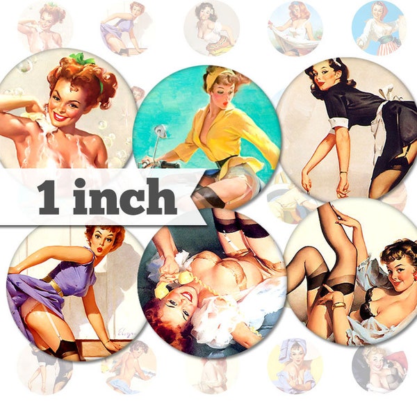 Pin Up Girls No.1 - 1 inch (25mm) - Printable Circles INSTANT DIGITAL DOWNLOAD for Pendants, Cabochon, Stickers, Resin, Magnets - a014