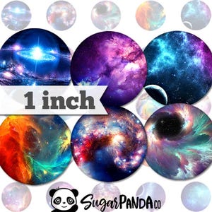 May include: Set of 12 1-inch round stickers featuring colourful galaxy designs with swirling nebulae, stars, and planets. The stickers are perfect for adding a touch of space to laptops, water bottles, journals, and more.