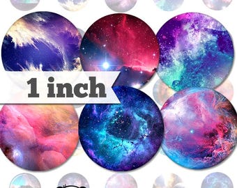 May include: A set of 10 1-inch round stickers featuring colourful galaxy designs. The stickers have a variety of colours, including pink, blue, purple, and white. The stickers are perfect for adding a touch of space to your crafts, laptops, water bottles, and more.