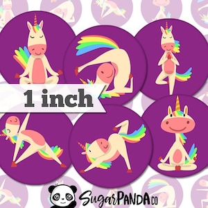 Unicorn Yoga - 1 inch (25mm) - Printable Circles INSTANT DIGITAL DOWNLOAD for Pendants, Jewelry, Pins, Bottle Caps, Magnets, Buttons
