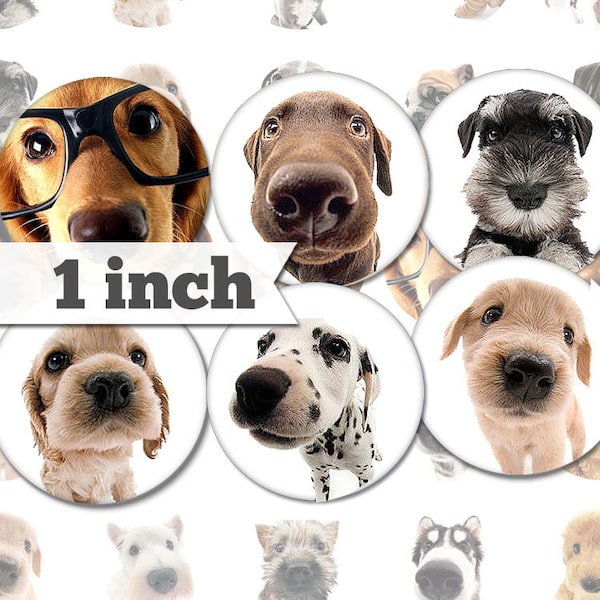 Cute Dogs - 1 inch (25mm) - Printable Circles INSTANT DIGITAL DOWNLOAD for Cabochon, Bottle Caps, Magnets, Buttons, Collage Sheet - a006