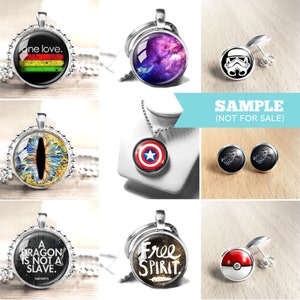 May include: A collection of different necklaces and earrings featuring various designs. The necklaces include a galaxy design, a Captain America design, a dragon design, and a free spirit design. The earrings include a Star Wars design, a Game of Thrones design, and a Pokemon design.