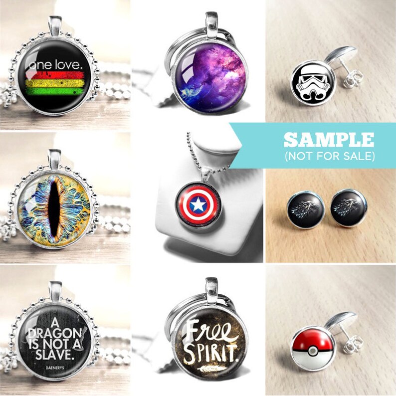 May include: A collection of different necklaces and earrings featuring various designs. The necklaces include a galaxy design, a Captain America design, a dragon design, and a free spirit design. The earrings include a Star Wars design, a Game of Thrones design, and a Pokemon design.