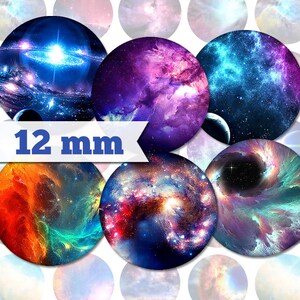 May include: Twelve 12 mm round paper circles featuring images of colourful galaxies and nebulae. The circles are ideal for crafting projects, scrapbooking, and decorating.