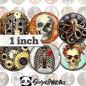 May include: Set of 10 1-inch round printed paper circles. The designs include a skull, a skeleton, a steampunk clock, an octopus, a skull with flowers, and a skull with a heart.