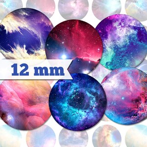 May include: Twelve 12 mm round stickers featuring colourful galaxy nebula images. The stickers have a glossy finish and are perfect for adding a touch of space to your crafts, laptops, water bottles, or journals.