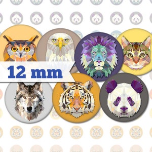 May include: Set of 8 geometric animal face design 12 mm round stickers. The stickers feature a wolf, tiger, panda, lion, eagle, owl, cat, and a cat. The stickers are printed on a white background.