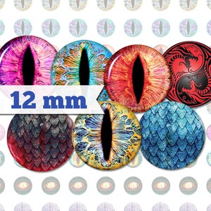 May include: A selection of 12 mm round glass cabochons with dragon eye designs. The eyes display vivid colours including pink, blue, red, and gold, with detailed patterns and a black slit pupil. Some have a scale-like texture.