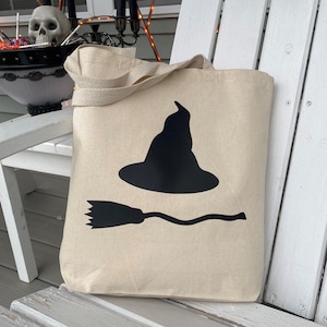 Witch Hat & Broom Halloween Tote Bag: Canvas Trick or Treat Bag