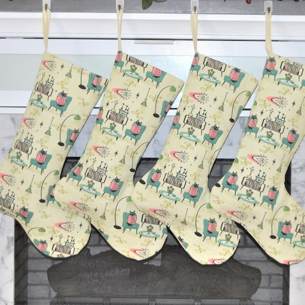 Mid Century Modern Cozy Cats Den Blue Chairs Fully Lined Christmas Stockings, Kitschy MCM Design with Unique Pattern, Unique Mod Holiday