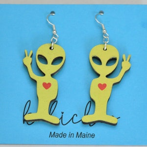 Peace and Love ALIEN Earrings, Green Alien Dangle Earrings, Unique Alien Gift UFO Investigator, Handmade Wood Earrings, Area 51 Gift
