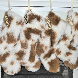 Handmade Cow Print Faux Fur Christmas Stocking: 18&quot; Rustic Holiday Decor