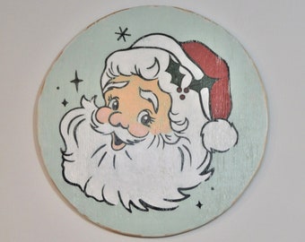 Mid Century Modern Santa Claus Large 19 inch Diameter Wood Sign, Hand Painted Retro Christmas Holiday Sign for Home, Vintage Christmas Decor