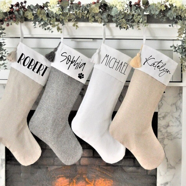 Personalized Linen Tassel Christmas Stockings, Handmade 18"  Farmhouse Stocking, Cottagecore Minimalist Neutral Stocking Beige, Gray, White