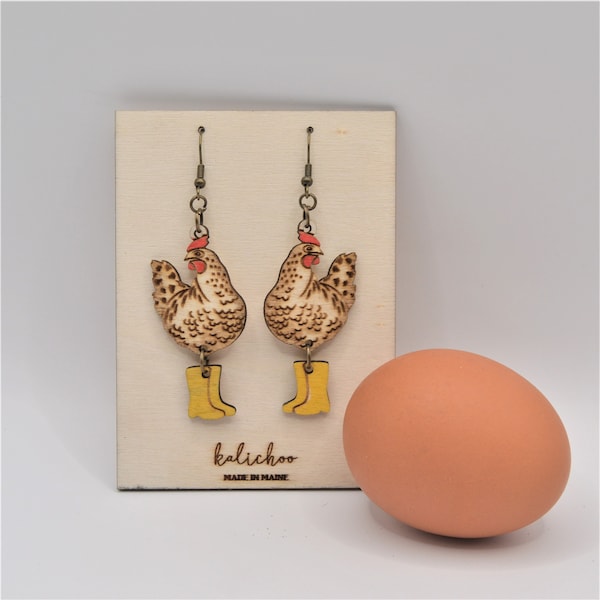 Chicken in Rain Boots Wood Earrings, Made in Maine