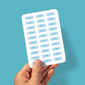 以下が含まれることがあります： 薄い青色で「Sally」と印刷された白いラベルのシート。 ラベルはスカラップエッジで、明るい青色の背景に対して手で保持されています。 ラベルはアイテムを整理するためのものです。